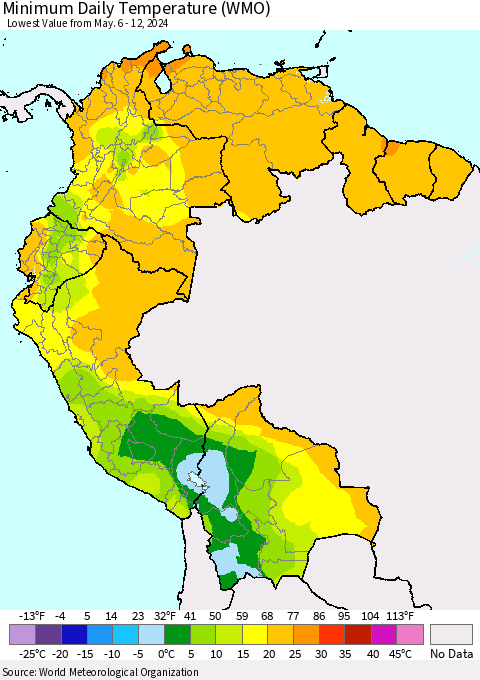 Northern South America Minimum Daily Temperature (WMO) Thematic Map For 5/6/2024 - 5/12/2024