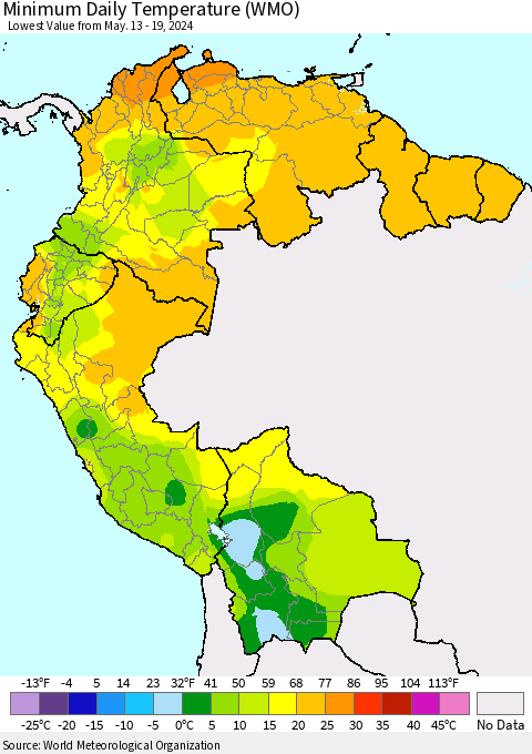 Northern South America Minimum Daily Temperature (WMO) Thematic Map For 5/13/2024 - 5/19/2024