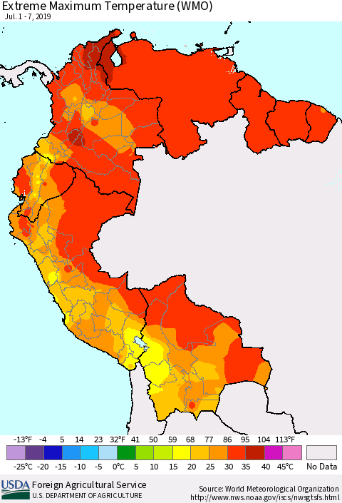 Northern South America Maximum Daily Temperature (WMO) Thematic Map For 7/1/2019 - 7/7/2019