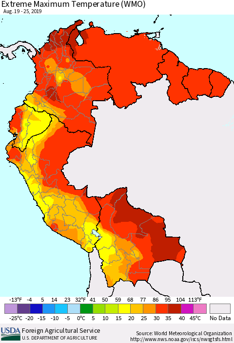 Northern South America Maximum Daily Temperature (WMO) Thematic Map For 8/19/2019 - 8/25/2019
