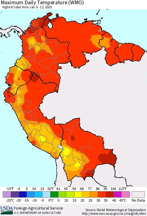 Northern South America Maximum Daily Temperature (WMO) Thematic Map For 1/6/2020 - 1/12/2020