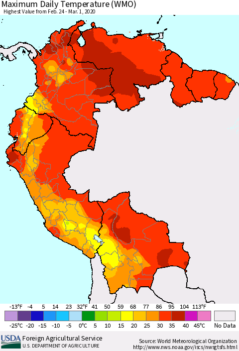 Northern South America Maximum Daily Temperature (WMO) Thematic Map For 2/24/2020 - 3/1/2020