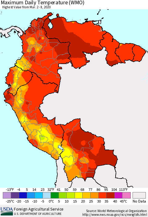 Northern South America Maximum Daily Temperature (WMO) Thematic Map For 3/2/2020 - 3/8/2020