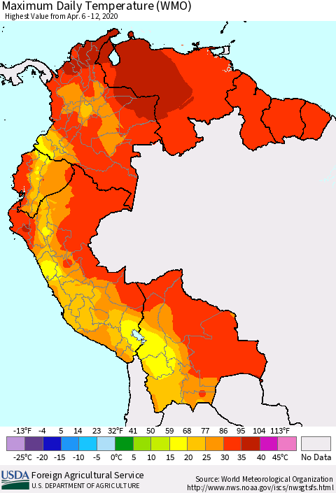 Northern South America Maximum Daily Temperature (WMO) Thematic Map For 4/6/2020 - 4/12/2020