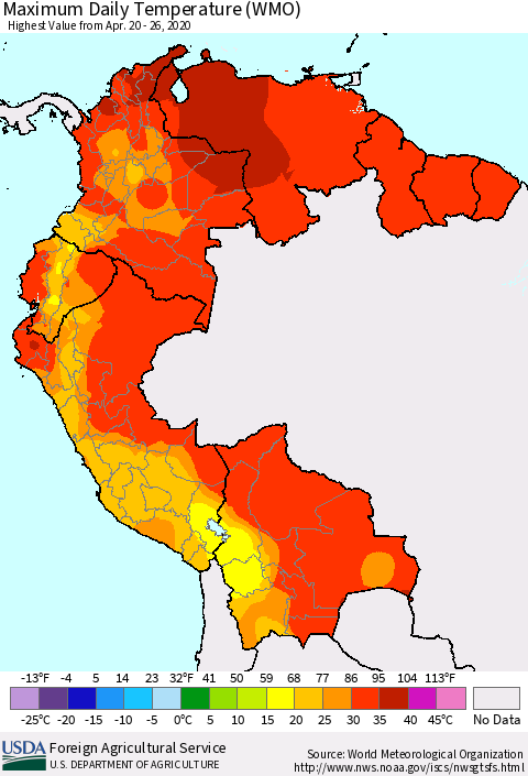 Northern South America Maximum Daily Temperature (WMO) Thematic Map For 4/20/2020 - 4/26/2020