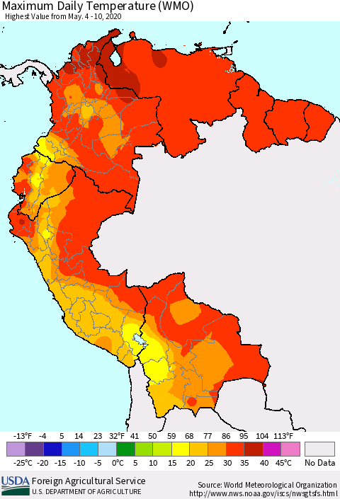 Northern South America Extreme Maximum Temperature (WMO) Thematic Map For 5/4/2020 - 5/10/2020