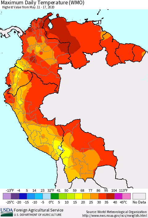 Northern South America Maximum Daily Temperature (WMO) Thematic Map For 5/11/2020 - 5/17/2020