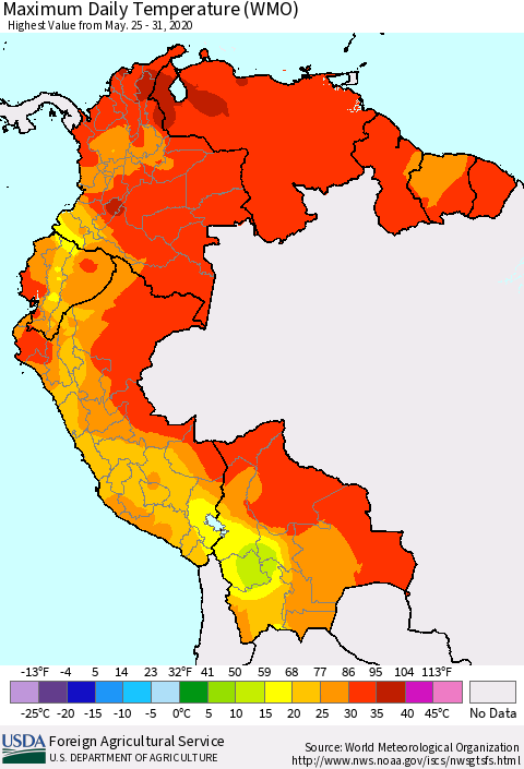 Northern South America Extreme Maximum Temperature (WMO) Thematic Map For 5/25/2020 - 5/31/2020