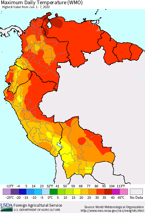 Northern South America Extreme Maximum Temperature (WMO) Thematic Map For 6/1/2020 - 6/7/2020