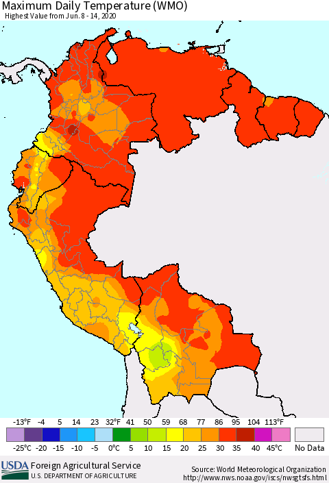 Northern South America Maximum Daily Temperature (WMO) Thematic Map For 6/8/2020 - 6/14/2020