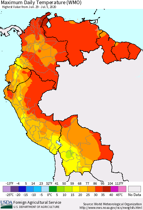 Northern South America Extreme Maximum Temperature (WMO) Thematic Map For 6/29/2020 - 7/5/2020