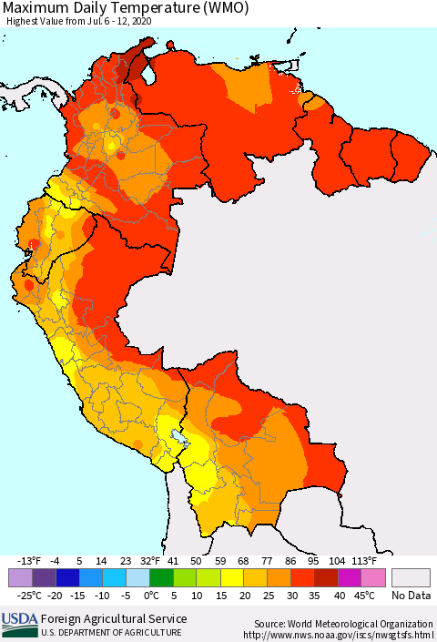 Northern South America Extreme Maximum Temperature (WMO) Thematic Map For 7/6/2020 - 7/12/2020