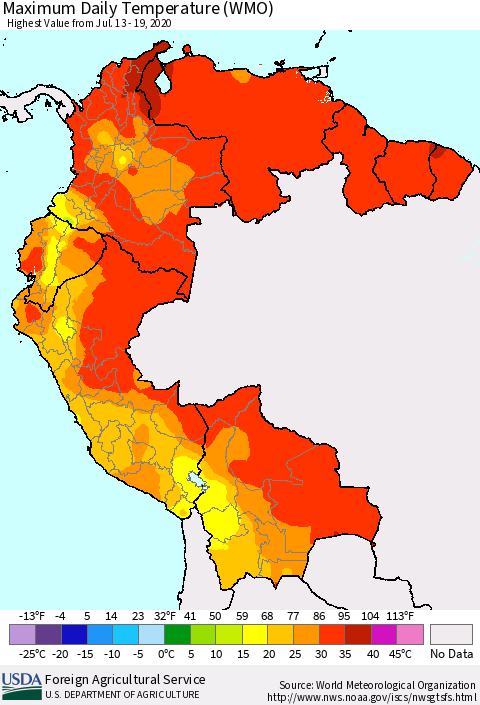 Northern South America Extreme Maximum Temperature (WMO) Thematic Map For 7/13/2020 - 7/19/2020