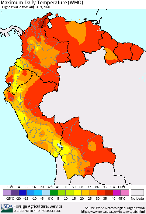 Northern South America Maximum Daily Temperature (WMO) Thematic Map For 8/3/2020 - 8/9/2020