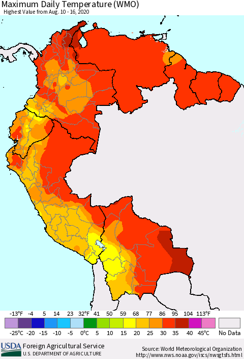 Northern South America Extreme Maximum Temperature (WMO) Thematic Map For 8/10/2020 - 8/16/2020