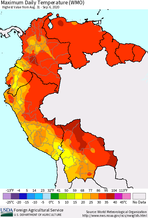 Northern South America Extreme Maximum Temperature (WMO) Thematic Map For 8/31/2020 - 9/6/2020