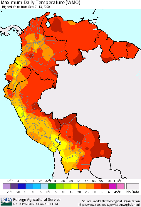 Northern South America Extreme Maximum Temperature (WMO) Thematic Map For 9/7/2020 - 9/13/2020