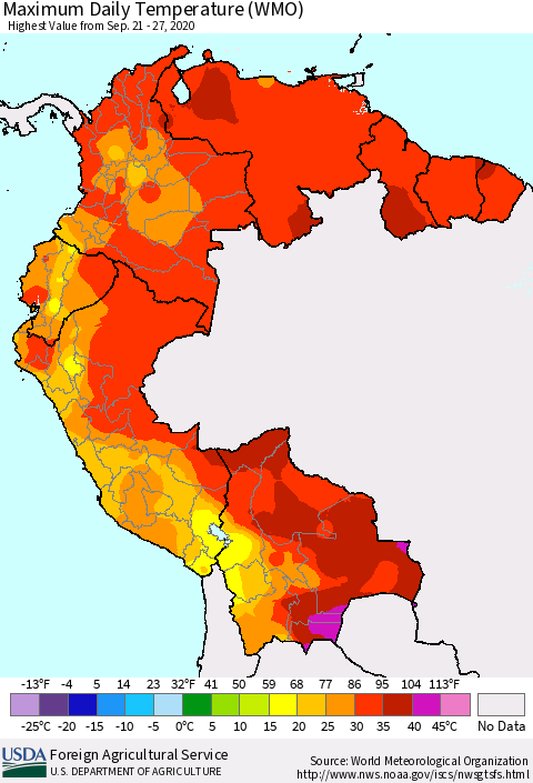 Northern South America Extreme Maximum Temperature (WMO) Thematic Map For 9/21/2020 - 9/27/2020