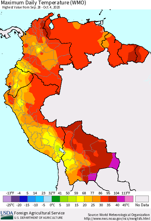 Northern South America Maximum Daily Temperature (WMO) Thematic Map For 9/28/2020 - 10/4/2020