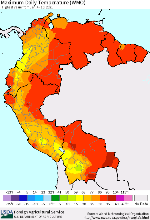 Northern South America Maximum Daily Temperature (WMO) Thematic Map For 1/4/2021 - 1/10/2021