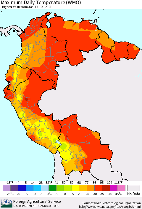 Northern South America Maximum Daily Temperature (WMO) Thematic Map For 1/18/2021 - 1/24/2021
