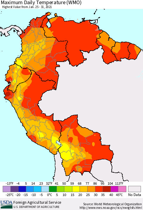 Northern South America Maximum Daily Temperature (WMO) Thematic Map For 1/25/2021 - 1/31/2021