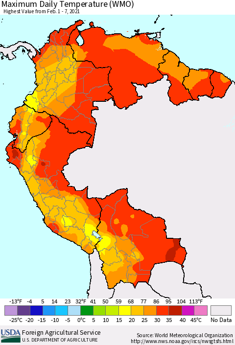 Northern South America Maximum Daily Temperature (WMO) Thematic Map For 2/1/2021 - 2/7/2021