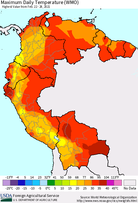 Northern South America Maximum Daily Temperature (WMO) Thematic Map For 2/22/2021 - 2/28/2021