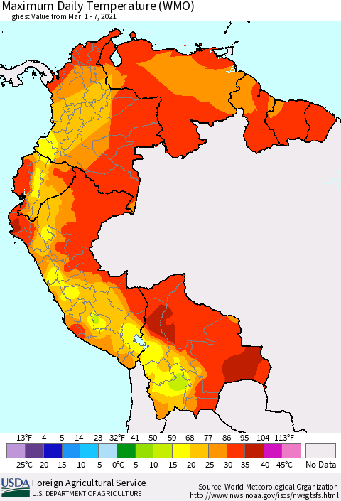 Northern South America Maximum Daily Temperature (WMO) Thematic Map For 3/1/2021 - 3/7/2021