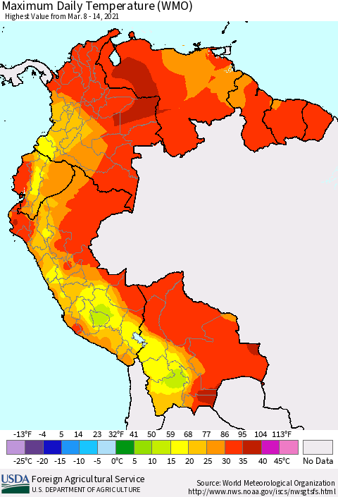 Northern South America Maximum Daily Temperature (WMO) Thematic Map For 3/8/2021 - 3/14/2021