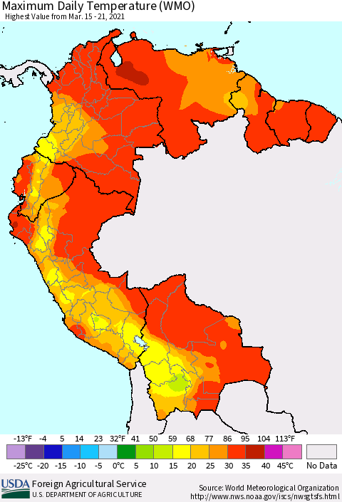 Northern South America Maximum Daily Temperature (WMO) Thematic Map For 3/15/2021 - 3/21/2021