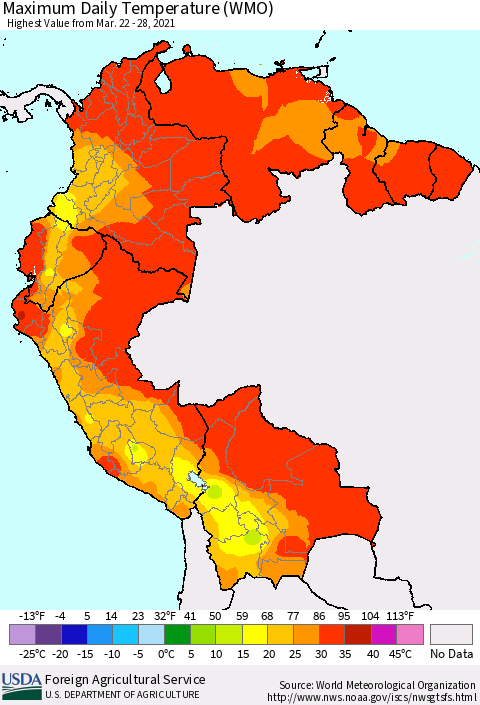 Northern South America Maximum Daily Temperature (WMO) Thematic Map For 3/22/2021 - 3/28/2021