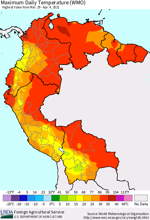 Northern South America Maximum Daily Temperature (WMO) Thematic Map For 3/29/2021 - 4/4/2021