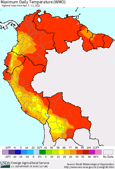 Northern South America Maximum Daily Temperature (WMO) Thematic Map For 4/5/2021 - 4/11/2021