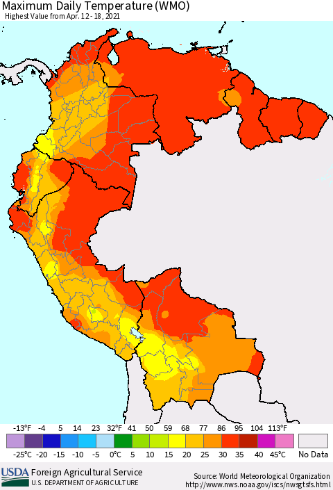 Northern South America Maximum Daily Temperature (WMO) Thematic Map For 4/12/2021 - 4/18/2021
