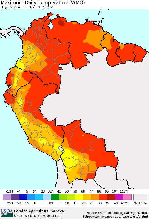 Northern South America Maximum Daily Temperature (WMO) Thematic Map For 4/19/2021 - 4/25/2021