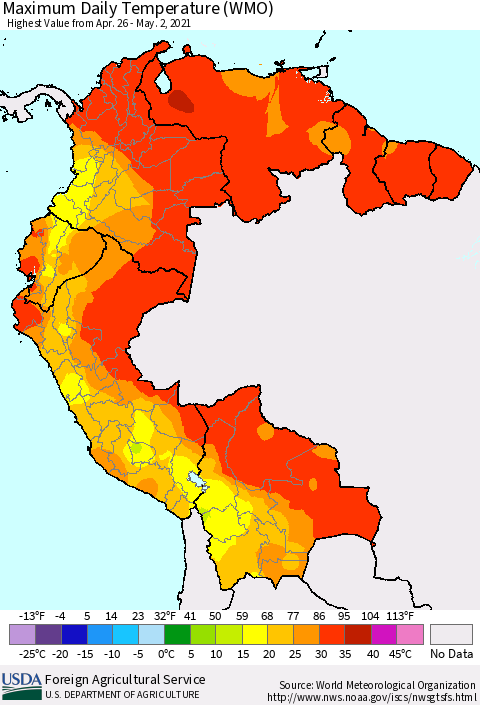 Northern South America Maximum Daily Temperature (WMO) Thematic Map For 4/26/2021 - 5/2/2021
