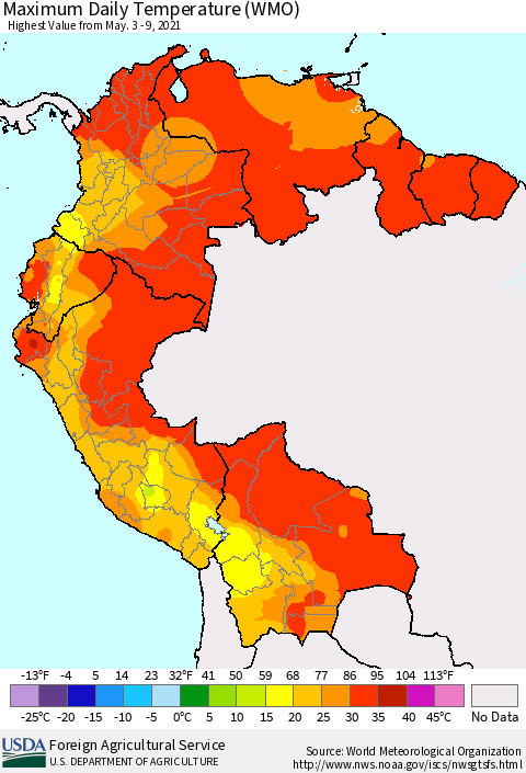 Northern South America Maximum Daily Temperature (WMO) Thematic Map For 5/3/2021 - 5/9/2021