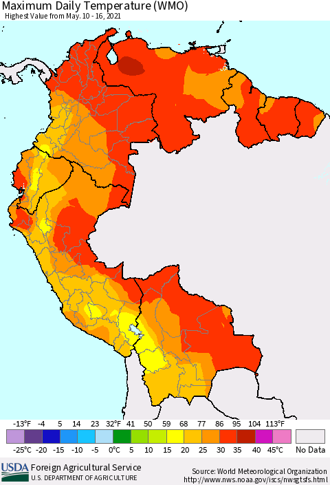 Northern South America Maximum Daily Temperature (WMO) Thematic Map For 5/10/2021 - 5/16/2021