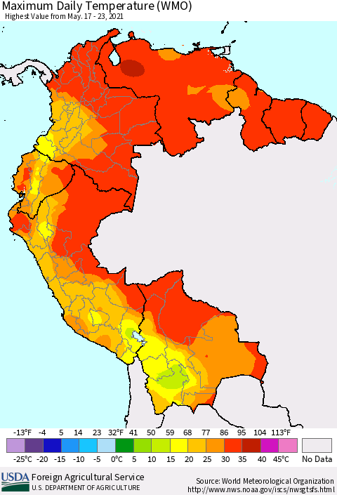 Northern South America Maximum Daily Temperature (WMO) Thematic Map For 5/17/2021 - 5/23/2021