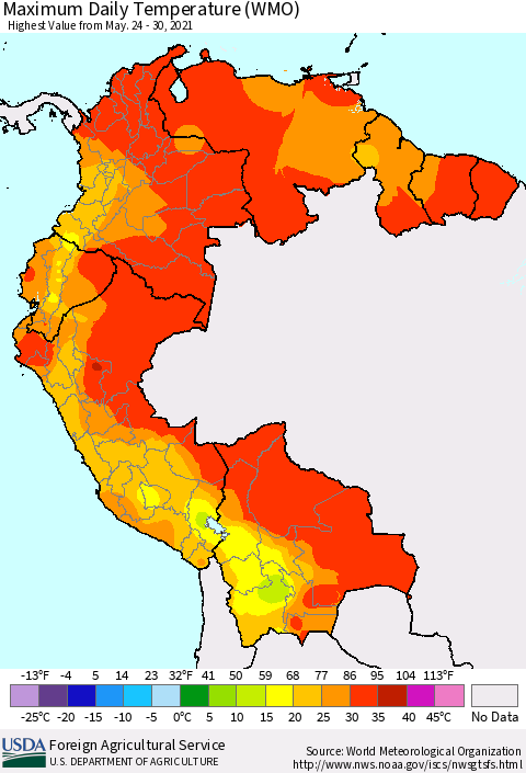 Northern South America Maximum Daily Temperature (WMO) Thematic Map For 5/24/2021 - 5/30/2021
