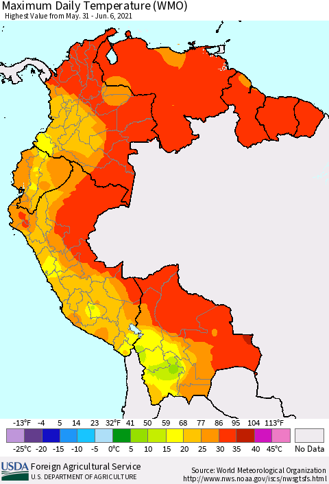 Northern South America Maximum Daily Temperature (WMO) Thematic Map For 5/31/2021 - 6/6/2021