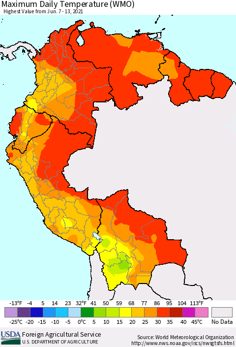 Northern South America Maximum Daily Temperature (WMO) Thematic Map For 6/7/2021 - 6/13/2021