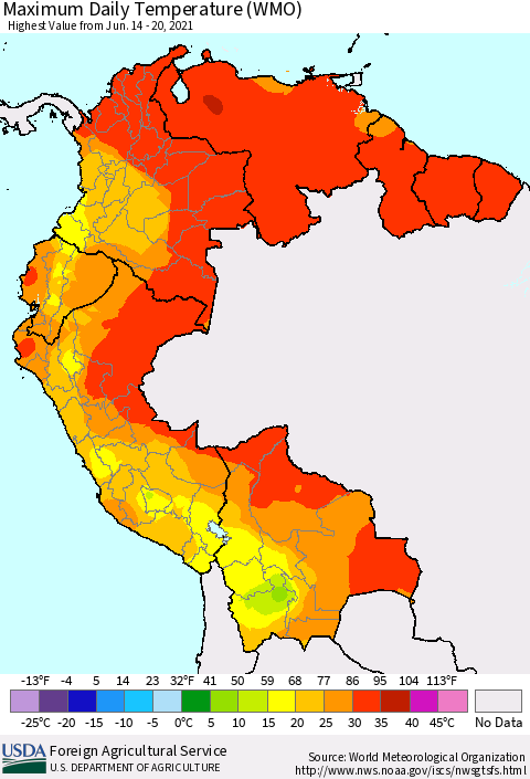 Northern South America Maximum Daily Temperature (WMO) Thematic Map For 6/14/2021 - 6/20/2021