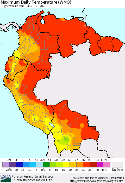 Northern South America Maximum Daily Temperature (WMO) Thematic Map For 6/21/2021 - 6/27/2021