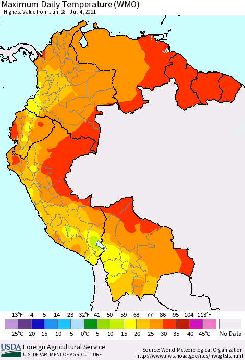Northern South America Maximum Daily Temperature (WMO) Thematic Map For 6/28/2021 - 7/4/2021