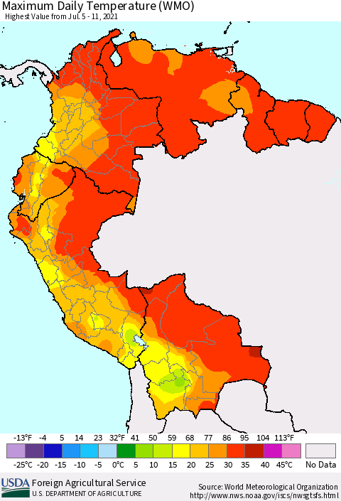 Northern South America Maximum Daily Temperature (WMO) Thematic Map For 7/5/2021 - 7/11/2021