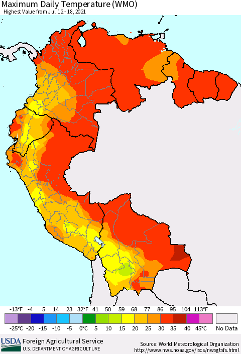 Northern South America Maximum Daily Temperature (WMO) Thematic Map For 7/12/2021 - 7/18/2021