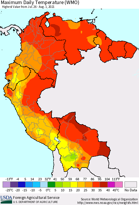 Northern South America Maximum Daily Temperature (WMO) Thematic Map For 7/26/2021 - 8/1/2021