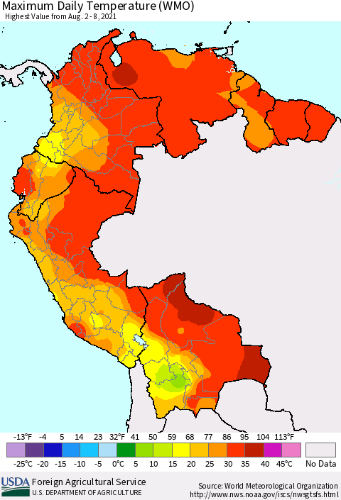 Northern South America Maximum Daily Temperature (WMO) Thematic Map For 8/2/2021 - 8/8/2021